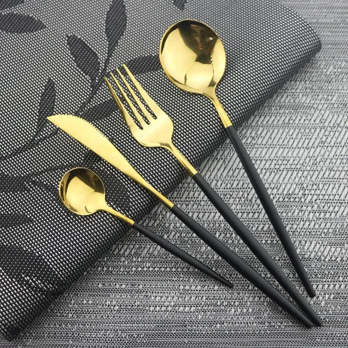 Miniatura 5 de JASHII Black GoldSilverware - Juego de cubiertos de acero inoxidable de 20 piezas con acabado satinado, utensilios de cocina, cubiertos pulidos
