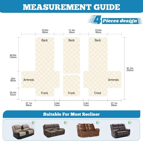 Miniatura 5 de TAOCOCO Funda para Sillón de Dos Plazas Reclinable 100% Impermeable con Consola Central, Funda de Sofá Reclinable Reversible para 2 Asientos