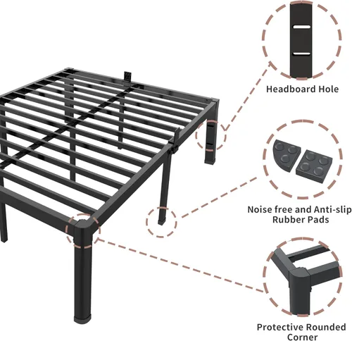 Miniatura 6 de ROIL Marcos de cama de 14 pulgadas con cabecera, tamaño individual XL, con agujeros para cabecero y patas de esquinas redondas, con sujetadores