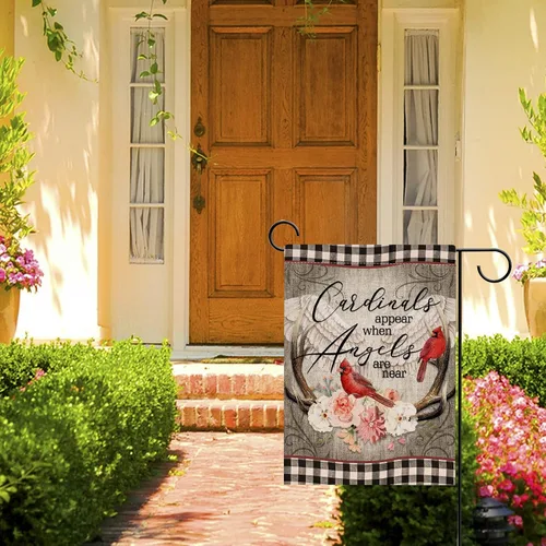 Miniatura 5 de Hzppyz Cardinal Appear When Angels are Near Spring Peony Flower - Bandera decorativa para el hogar, diseño de pájaro rojo de doble cara, decoración
