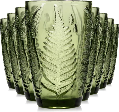 Miniatura 13 de Juego de 4 vasos vintage de vidrio transparente prensado a mano de 10 onzas, cristalería retro en relieve de helecho, vasos texturizados para agua