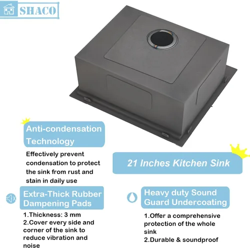Miniatura 3 de SHACO Fregadero de cocina empotrable negro de 21 pulgadas, 21 x 20 pulgadas, montaje superior negro plomizo de acero inoxidable calibre 16, estación