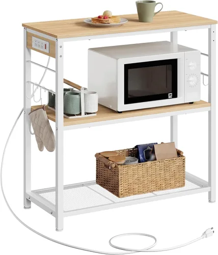 VASAGLE Isla de cocina con tira eléctrica, soporte para horno de microondas, estante de cocina, estante para panadería con 3 estantes abiertos, 6
