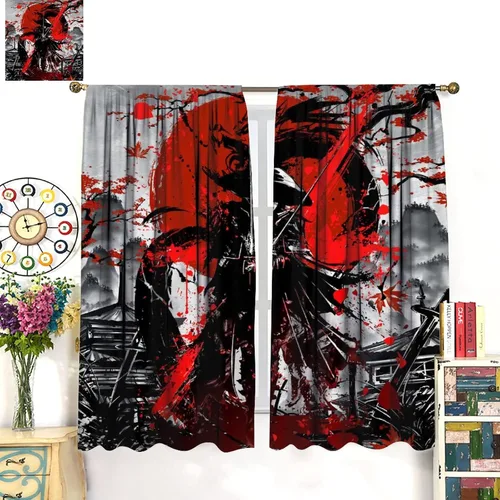 Miniatura 3 de Cortinas opacas con temática japonesa para sala de estar, cortinas de ventana con diseño de samuráis de anime en acuarela y flores de cerezo