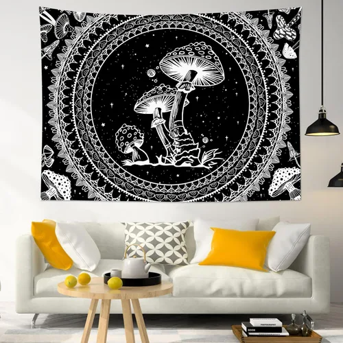 Miniatura 2 de SCECALA Tapiz bohemio de hongos, mandala blanco y negro para colgar en la pared para dormitorio, decoración bohemia del hogar, 60 x 40 pulgadas