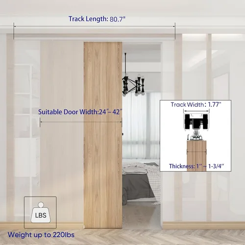 Miniatura 5 de JUBEST Juego de herrajes y rieles para puerta de bolsillo de grado comercial de 7 pies, herrajes para puertas correderas de 80.7 pulgadas, duraderos