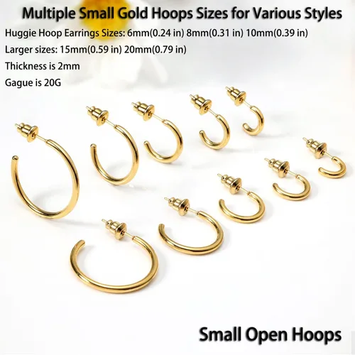 Miniatura 3 de Aretes de aro ligeros y pequeños de oro para mujer, aretes de aro abiertos de oro de 14 quilates, hipoalergénicos, pequeños aretes de aro en oro