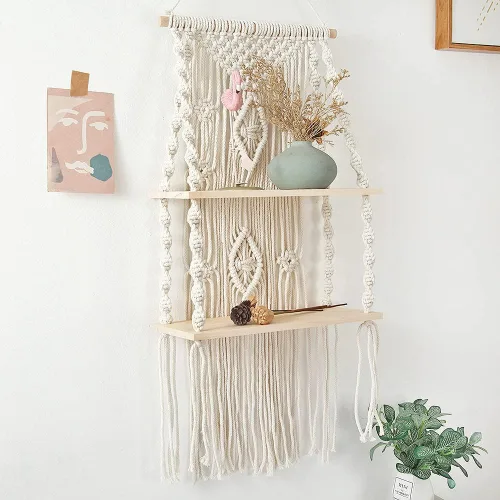 Estante de macramé para colgar en la pared, estantes bohemios para colgar en la pared de plantas pequeñas, marcos de fotos, decoración del hogar, 2T