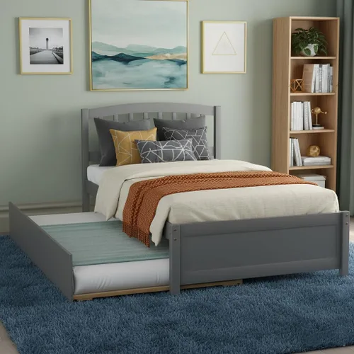 SOFTSEA Base de cama de plataforma individual con nido y cabecero, cama de plataforma de madera con nido y cabecero, marco de cama nido extraíble