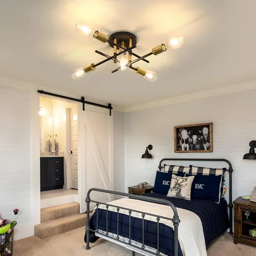 Miniatura 7 de UOFUS Lámpara de techo semiempotrada de 5 luces estilo casa de campo con lámpara E26 moderna lámpara de techo Sputnik negro mate y dorado