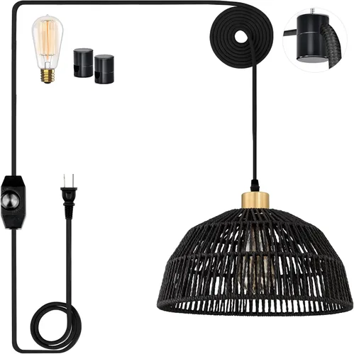 Miniatura 10 de Lámpara colgante enchufable, luces colgantes con cable de algodón dorado de 15 pies e interruptor de atenuación continuo, pantalla de cuerda