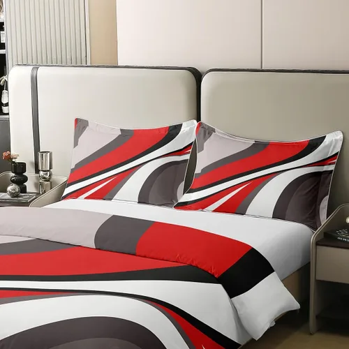 Miniatura 4 de Erosebridal Juego de ropa de cama geométrica de 100 % algodón, tamaño individual, funda de edredón de remolinos rojos, blancos y grises, funda
