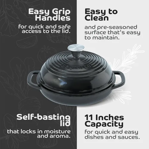 Miniatura 3 de Molde para pan de hierro fundido esmaltado con tapa, 11" Nero (Negro) Horno para pan de hierro fundido para masa madre, Horno holandés para pan