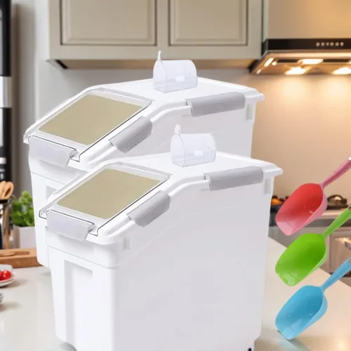 Miniatura 7 de Saim Recipiente de arroz de 25 libras, recipiente grande hermético de almacenamiento de harina con ruedas, taza medidora, paquete de 2 unidades por