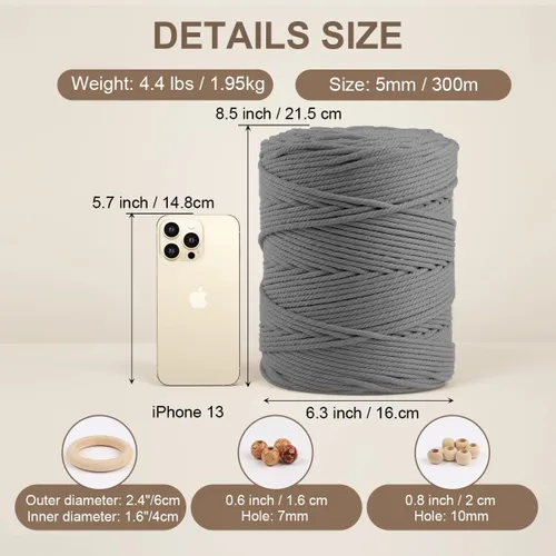 Miniatura 2 de ZUEXT - Cordón de algodón de macramé de 0.197 in x 328 yardas, cuerda trenzada natural hecha a mano gris claro, 4 hebras de cuerda de punto