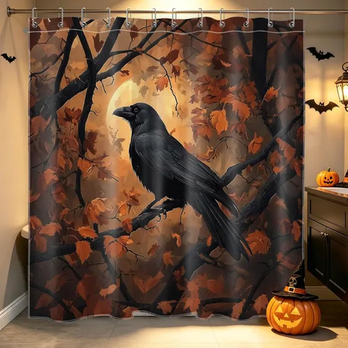 Miniatura 57 de HVEST Cortina de ducha con ganchos, calabaza espeluznante y fantasma con sombrero de bruja negro, juego de cortina de ducha naranja con flores