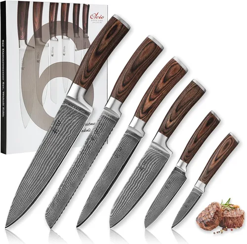 Miniatura 12 de Wakoli EDIB Juego de cuchillos de cocina de Damasco de 3 piezas en caja de regalo de madera, juego de cuchillos afilados hechos de acero de Damasco