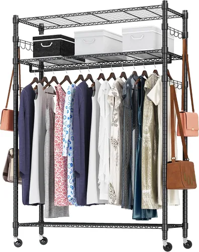 Perchero de ropa resistente, perchero ajustable con estantes, armario independiente, 1 barra para colgar ropa, 3 estantes de alambre cansados, 4
