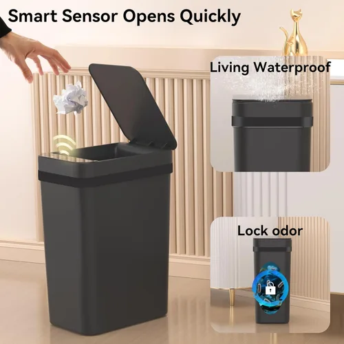 Miniatura 4 de FRESHLIX Paquete de 3 cubetas de basura para baño 2.6 galones, cubetas de basura automáticas delgadas sin contacto con sensor de movimiento, cubetas