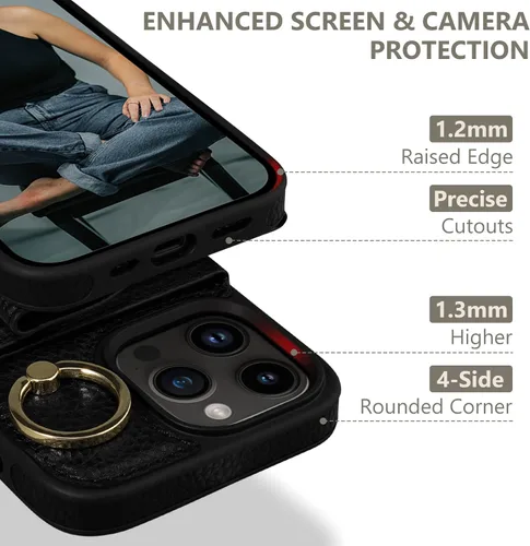 Miniatura 3 de Funda tipo cartera para iPhone 15 Pro de 6.1'', funda plegable con ranuras para tarjetas, soporte con anillo y atril, cubierta protectora tipo folio