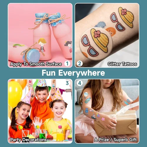 Miniatura 6 de EMOME 204 hojas de tatuajes con purpurina para niños, tatuajes temporales envueltos individualmente para niñas y niños, calcomanías de tatuaje falso