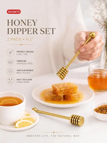 Miniatura 6 de DUGATO Gold Honey Dipper Set (2 unidades, 6.3 pulgadas) – Palitos de panal de acero inoxidable 304 para tarro de miel, rociador de jarabe, agitador