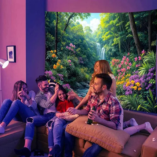 Miniatura 5 de Tapiz de cascada de bosque, flores de paisaje natural, tapices para colgar en la pared para hombres y niños, decoración de arte de pared, decoración