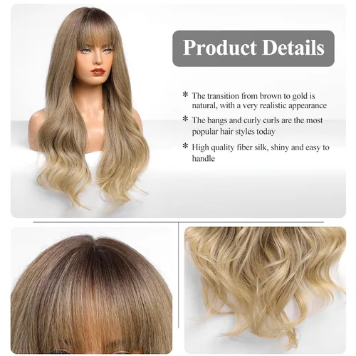 Miniatura 2 de HAIRCUBE Peluca de color marrón a rubio con flequillo para mujer, peluca de cabello largo ondulado marrón y rubio, pelucas sintéticas rizadas