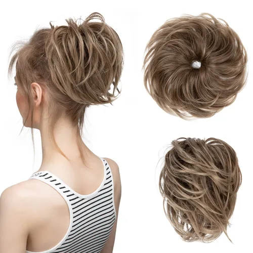 Miniatura 14 de CJL HAIR - Extensión de cabello tipo coletero de chongo desordenado, rizado, sintético, con colas rectas, scrunchies para peinados de moño