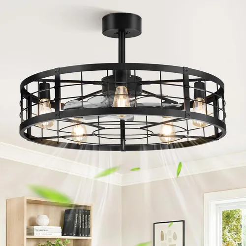 Miniatura 11 de LEDIARY - Ventilador de techo 16.5 pulgadas con jaula y luz, diseño industrial, estilo granja, para cocina, dormitorio, exterior, control remoto, 6