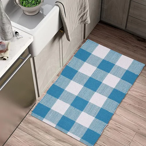 Miniatura 2 de Buffalo - Alfombras a cuadros para sala de estar, cocina, baño, 24 x 36 pulgadas, color blanco turquesa, alfombras tejidas reversibles de algodón