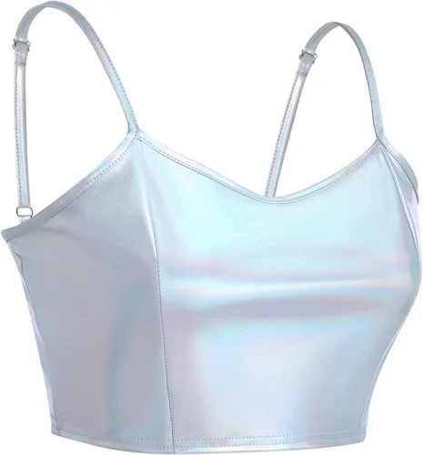 Miniatura 2 de Top corto holográfico metálico brillante con hombros descubiertos para mujer, blusa de tubo para rave, casual, sin tirantes, chaleco básico sexy