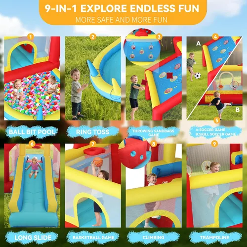 Miniatura 4 de Casa inflable de rebote para niños de 9 en 1 con tobogán alto, piscina de pelotas, juego de fútbol de habilidad, juego de sacos de arena