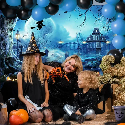 Miniatura 6 de Avezano Telón de fondo para fotografía de Halloween, luna llena, noche aterradora, castillo, calabazas, fondo de fiesta, espeluznante, bruja, Azul