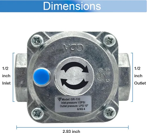 Miniatura 3 de Regulador de gas natural de 1/2 pulgada para parrilla, gas natural y propano convertible, presión de entrada de 1/2 PSI, LPG 10 "NG 4" presión