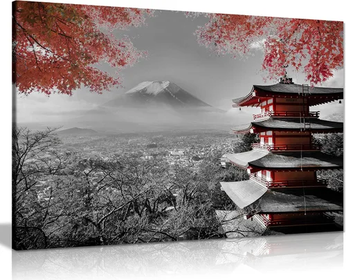 Panther Print, Lienzo decorativo para pared, imágenes enmarcadas para sala de estar y dormitorio, templo japonés en otoño, negro, blanco y rojo,