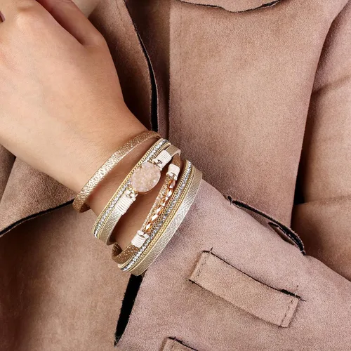 Miniatura 3 de FANCY SHINY Pulseras de cuero boho de doble envoltura, pulseras apilables de cuentas de cristal con cierre magnético, regalos de joyería para mujeres