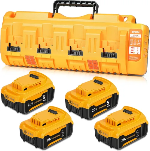 TOMAPEX Paquete mejorado de 4 baterías de 20v máx. con USB de repuesto para batería Dewalt de 5.0Ah con estación de cargador de batería DCB104