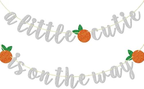 Cartel con texto en inglés "A Little Cutie Is On The Way", pancarta de cítricos, cumpleaños temático naranja, decoración de fiesta de cumpleaños con