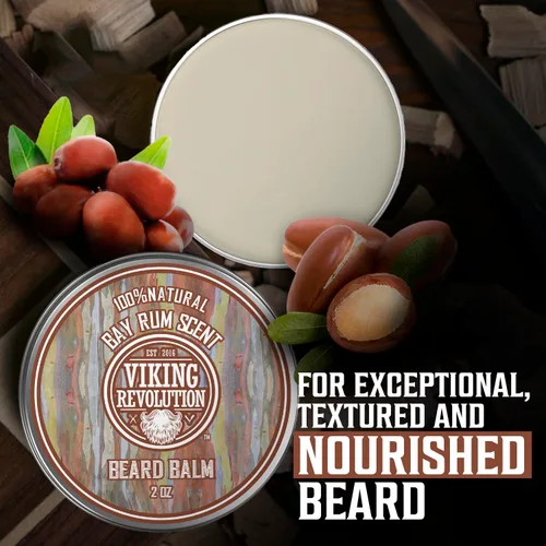 Miniatura 5 de Viking Revolution Bálsamo para barba de ron de bahía, mantequilla de barba con aceite de argán y aceite de jojoba, suavizante, hidratante y cera