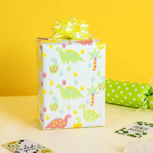 Miniatura 4 de WRAPAHOLIC Papel de regalo reversible, mini rollo, 17 pulgadas x 33 pies, diseño de dinosaurio y lunares para cumpleaños de niños, fiestas, baby