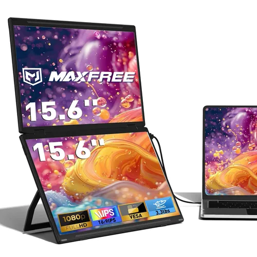 Maxfree Extensor de pantalla para laptop, monitor portátil dual FHD 1080P de 15.6 pulgadas con USB C, HDMI, Plug & Play, montaje VESA, ligero,