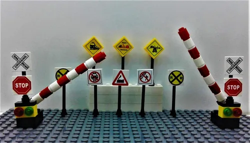 Miniatura 3 de Edificio Ladrillos Juguetes Tren Ferrocarril Cruzar Señal Cruzando Puerta 4 Señales Ciudad Ciudad Miniatura Ferrocarril Modelado Niños AFOL