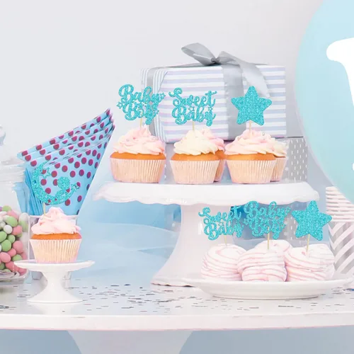 Miniatura 4 de Gyufise 24 piezas de adornos azules para cupcakes para bebé, con purpurina azul, estrellas, luna, dulce baby shower, niño, cupcakes para baby
