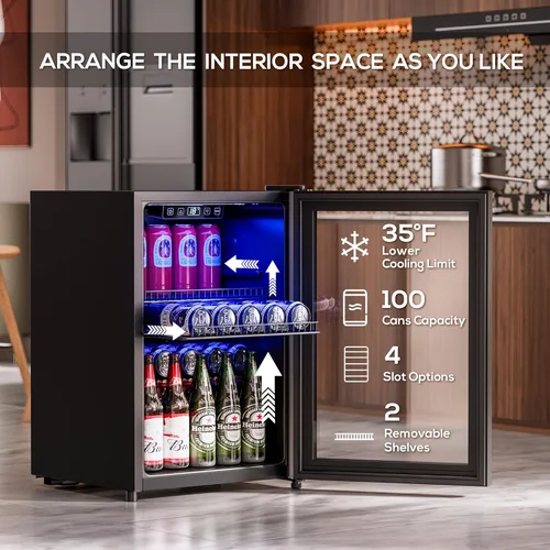 Miniatura 2 de Manastin - Refrigerador para bebidas enfriador independiente mini refrigerador con puerta de vidrio, estantes ajustables y pantalla digital de Negro
