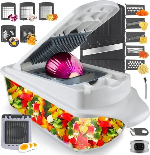 RüK Cortador de verduras con rebanador, cortador de cebolla y picador, multifuncional de 22 en 1, mandolina para verduras, cortador de alimentos