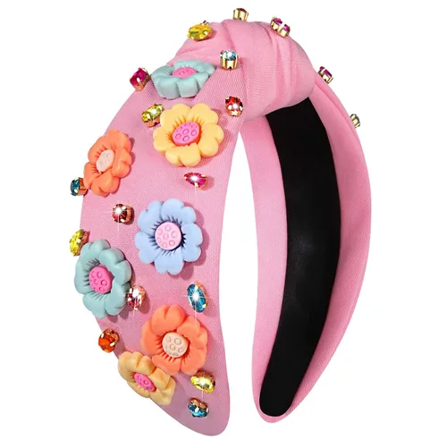 Miniatura 12 de Diademas anudadas con perlas para mujer, diademas de flores impresas con diamantes de imitación, diademas anudadas de cristal, cuentas brillantes