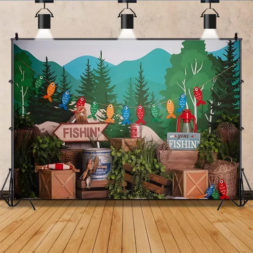 Miniatura 2 de Fondo de fotografía de pesca con plantas verdes bosque, para niños, fiesta de cumpleaños, pastel, retrato para baby shower, fiesta, accesorios