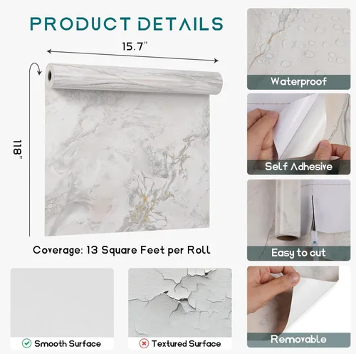 Miniatura 8 de VEELIKE Papel de contacto para encimera de mármol dorado crema, de 15.7 x 118 pulgadas, impermeable, para despegar y pegar, para cocina, papel tapiz