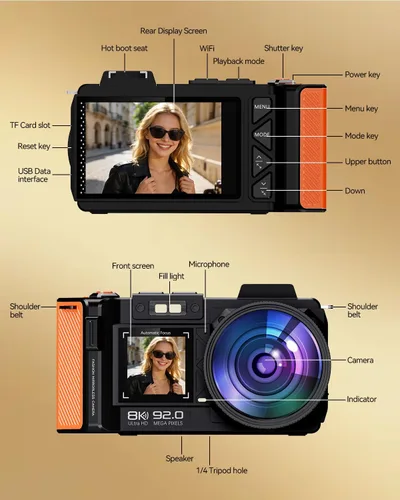 Miniatura 8 de Cámara digital 8K para fotografía, cámara de vlogging WiFi de 92MP para pantalla frontal y trasera, zoom digital 18X, cámara de apuntar y disparar